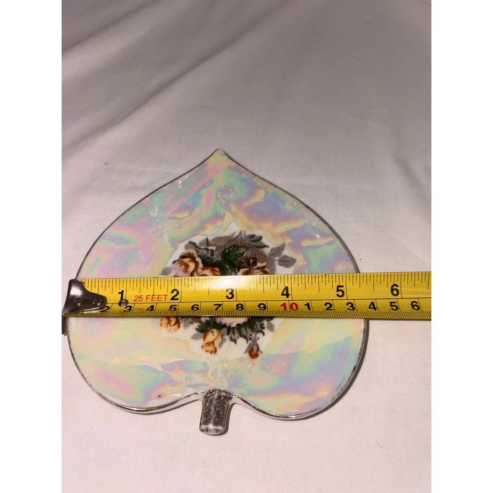 Japan Lusterware Heart Leaf Floral Porcelain Trinket Dish‎ Iridescent Vintage